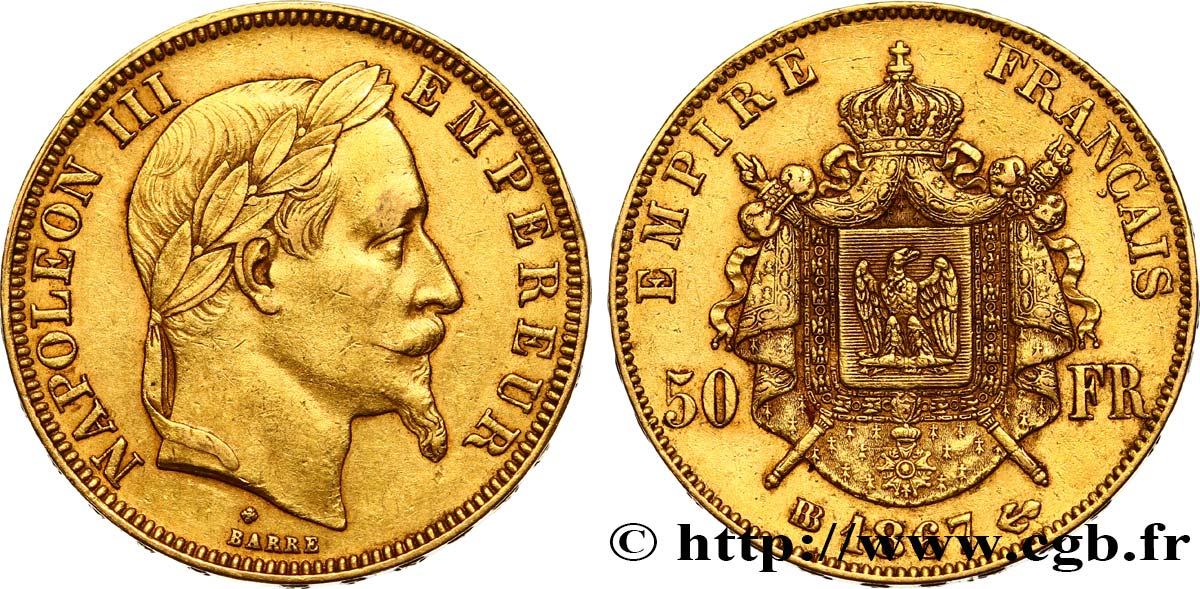 50 francs or Napoléon III, tête laurée 1867 Strasbourg F.548/9 TTB48 