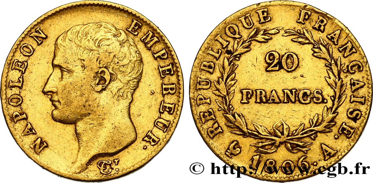 20 francs or Napoléon tête nue, Calendrier grégorien 1806 Paris F.513/1 SS40 