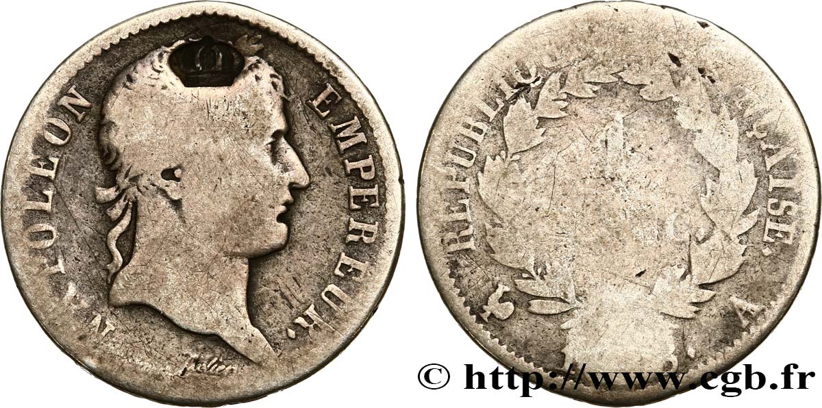1 franc Napoléon Ier tête laurée, République française, contremarqué d’une couronne 1808 Paris F.204/2 var. RC 