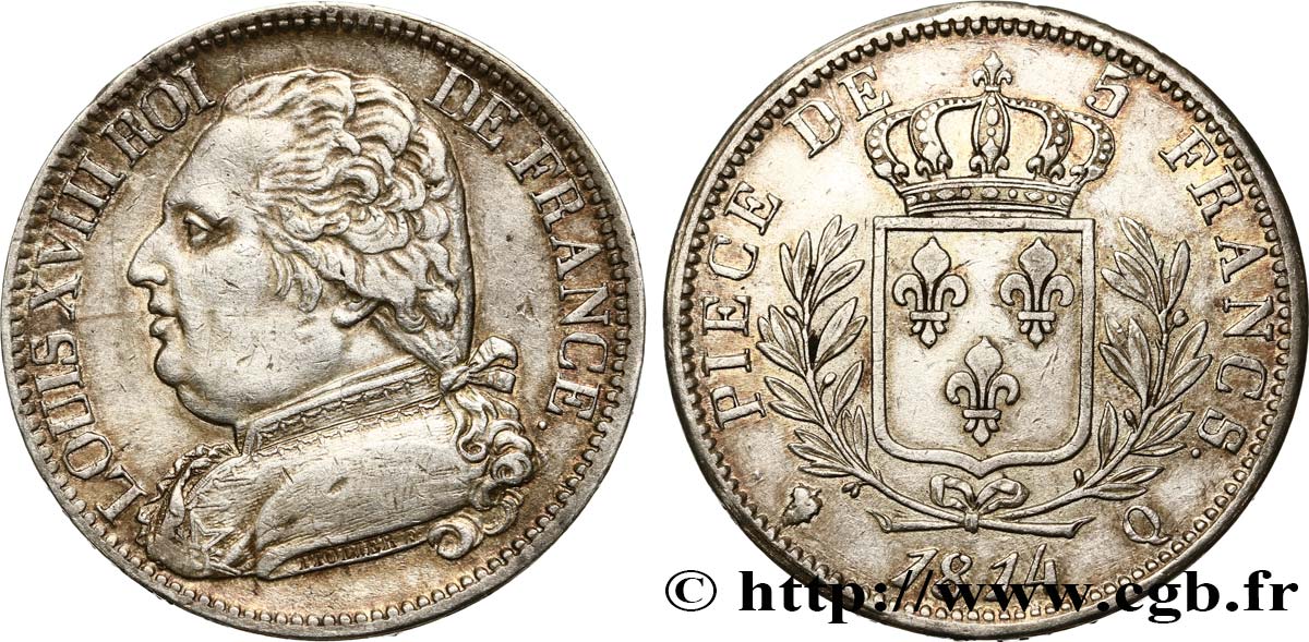 5 francs Louis XVIII, buste habillé 1814 Perpignan F.308/11 TTB 