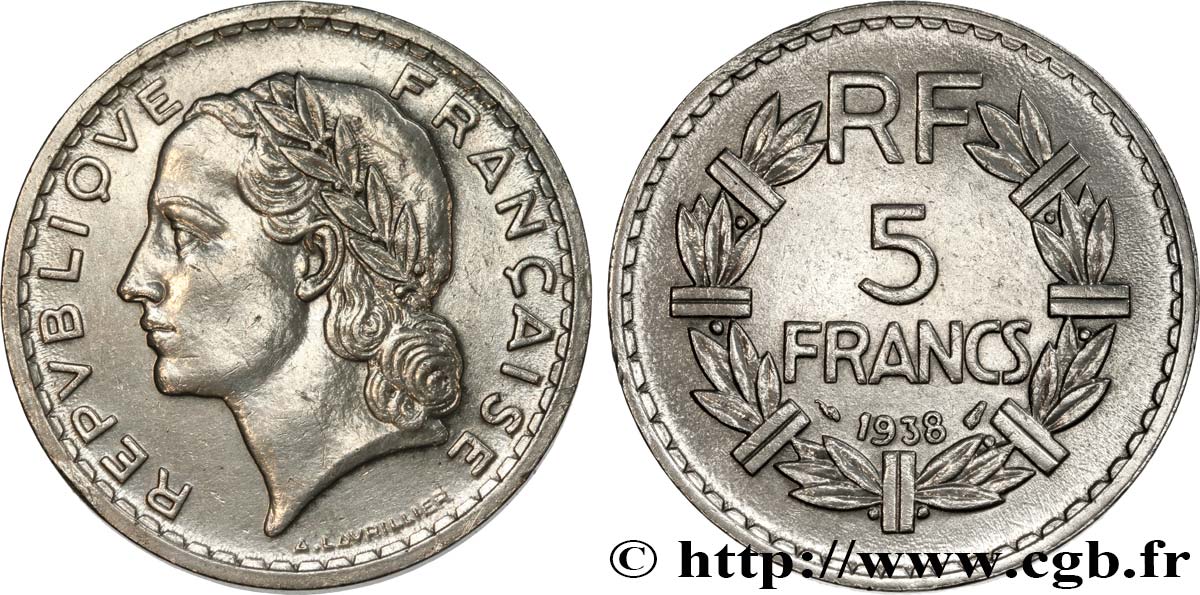 5 francs Lavrillier, nickel 1938  F.336/7 XF 