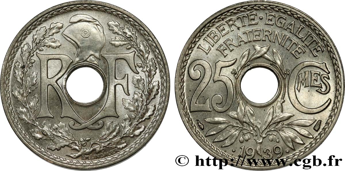 25 centimes Lindauer, Maillechort 1939  F.172/3 SPL63 