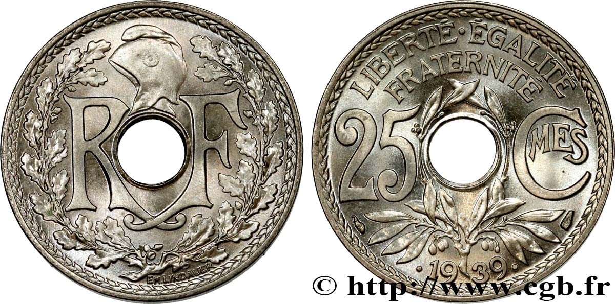 25 centimes Lindauer, Maillechort 1939  F.172/3 MS63 
