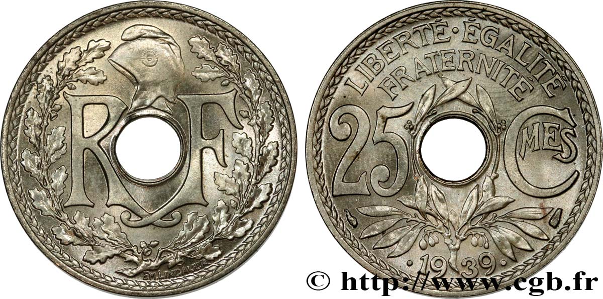 25 centimes Lindauer, Maillechort 1939  F.172/3 fST63 