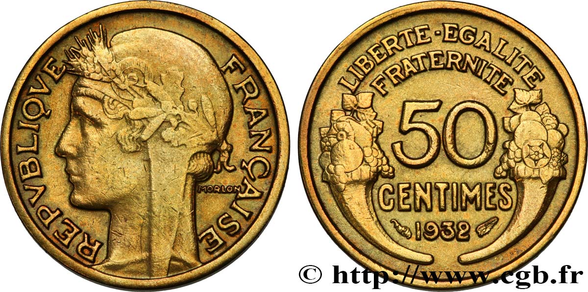 50 centimes Morlon, sans raisin ni fruit, 9 et 2 fermés 1932  F.192/9 TTB+ 