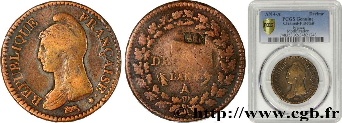 Un décime Dupré, modification du 2 décimes 1796 Paris F.127/1 fS PCGS