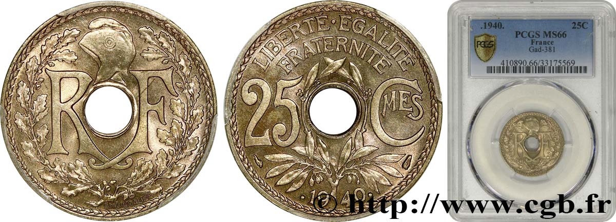 25 centimes Lindauer, maillechort 1940  F.172/4 ST66 PCGS