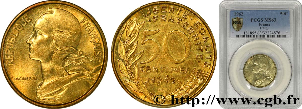50 centimes Marianne, col à trois plis 1962 Paris F.197/2 SPL63 PCGS