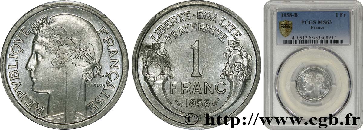 1 franc Morlon, légère 1958 Beaumont-Le-Roger F.221/22 MS63 PCGS