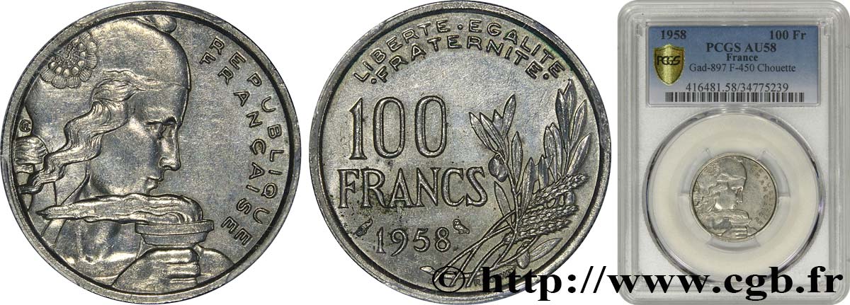 100 francs Cochet, chouette 1958  F.450/13 AU58 PCGS