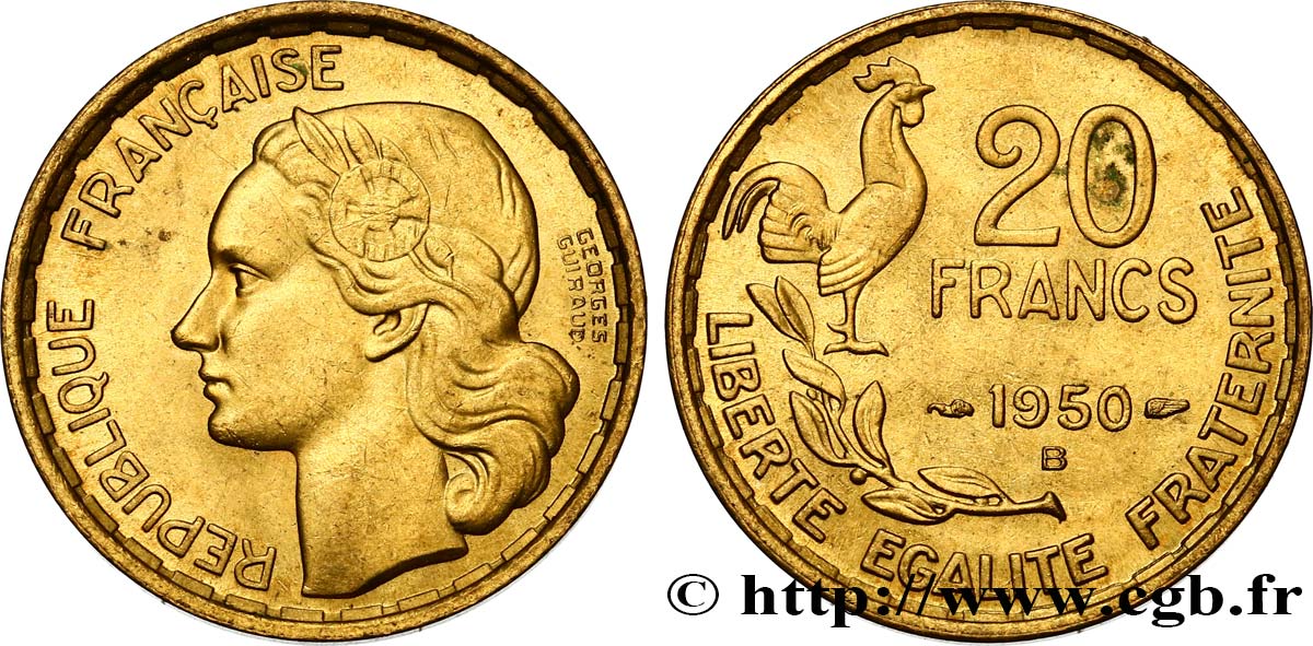 20 francs Georges Guiraud, 3 faucilles 1950 Beaumont-Le-Roger F.401/2 SUP55 