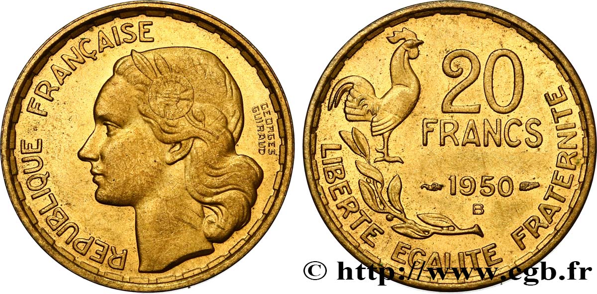 20 francs Georges Guiraud, 3 faucilles 1950 Beaumont-Le-Roger F.401/2 MS60 