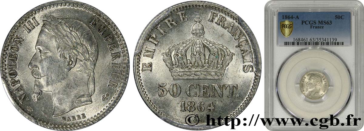 50 centimes Napoléon III, tête laurée 1864 Paris F.188/2 MS63 PCGS
