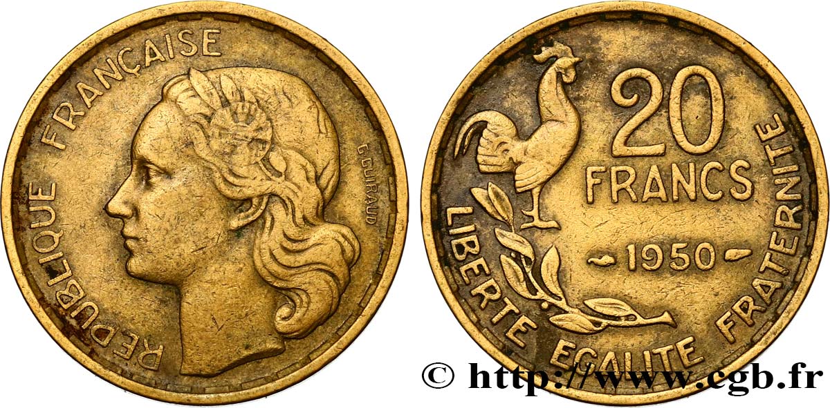 20 francs G. Guiraud, 3 faucilles 1950  F.402/2 TB35 