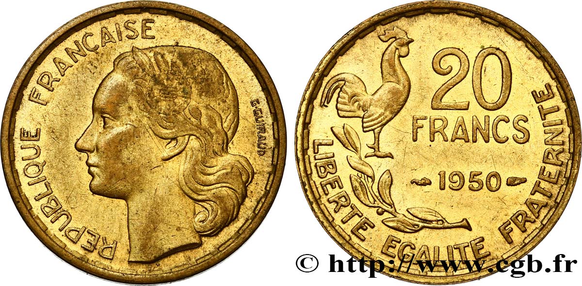 20 francs G. Guiraud, 3 faucilles 1950  F.402/2 AU50 