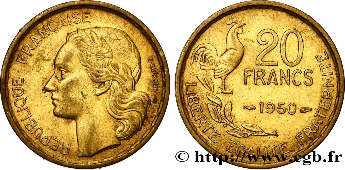 20 francs G. Guiraud, 4 faucilles 1950  F.402/3 MS60 