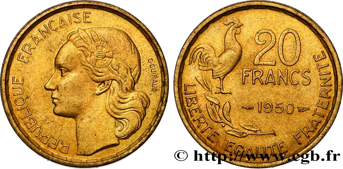 20 francs G. Guiraud, 4 faucilles 1950  F.402/3 MS60 