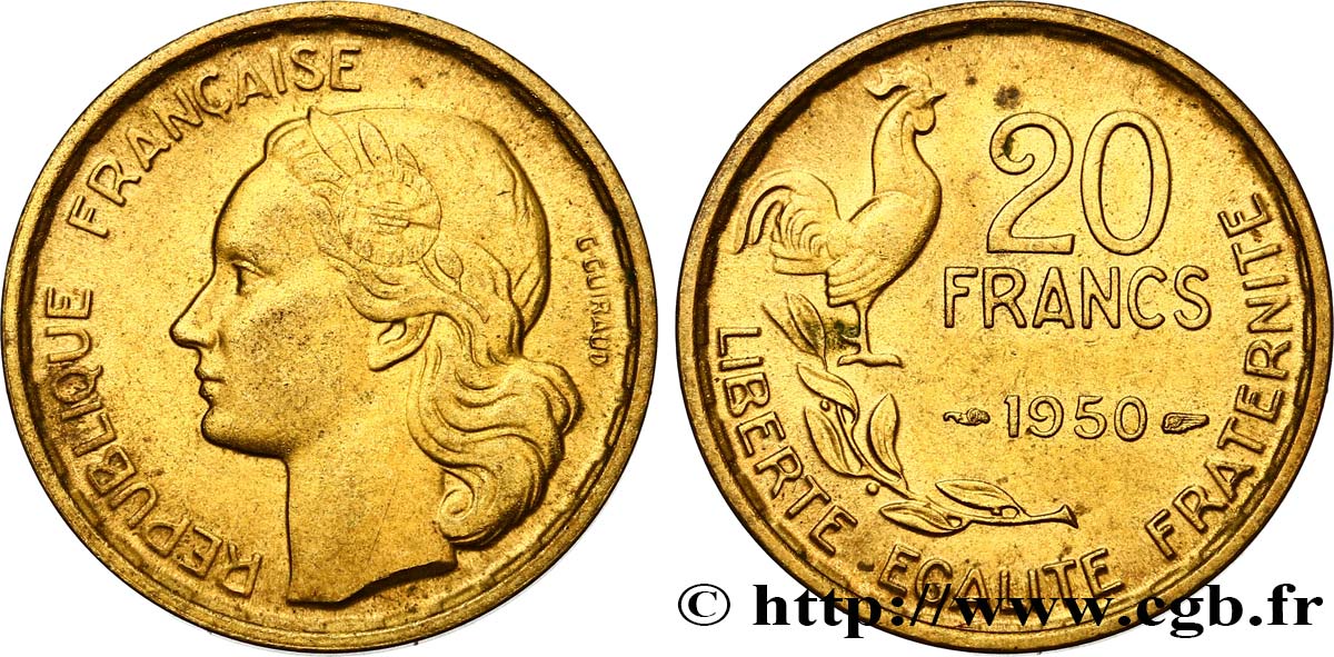 20 francs G. Guiraud, 4 faucilles 1950  F.402/3 MS62 