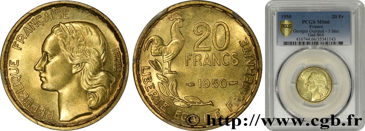 20 francs Georges Guiraud, 3 faucilles 1950 Beaumont-Le-Roger F.401/2 MS66 PCGS