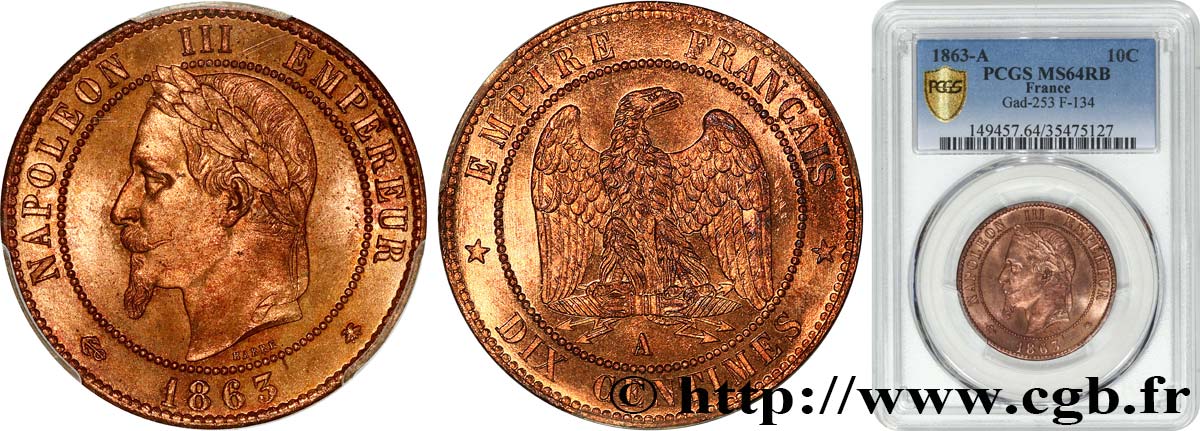 Dix centimes Napoléon III, tête laurée 1863 Paris F.134/10 fST64 PCGS