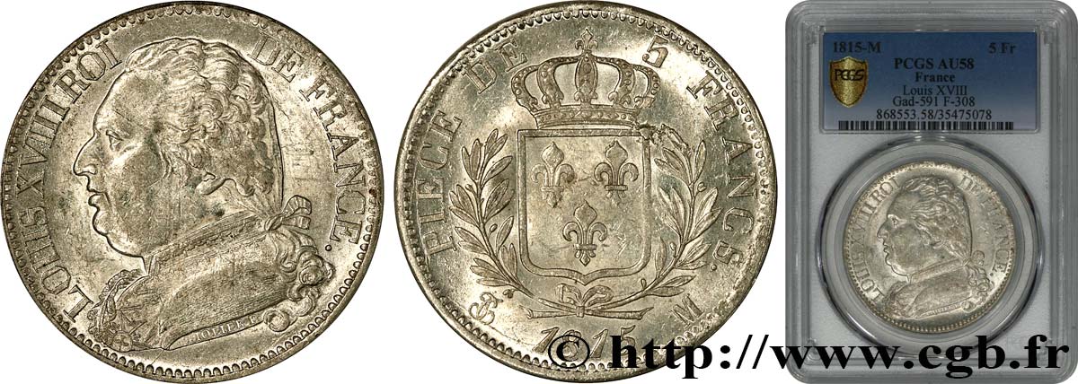 5 francs Louis XVIII, buste habillé 1815 Toulouse F.308/25 VZ58 PCGS
