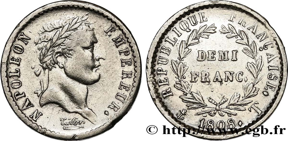Demi-franc Napoléon Ier tête laurée, République française 1808 Nantes F.177/14 MBC 