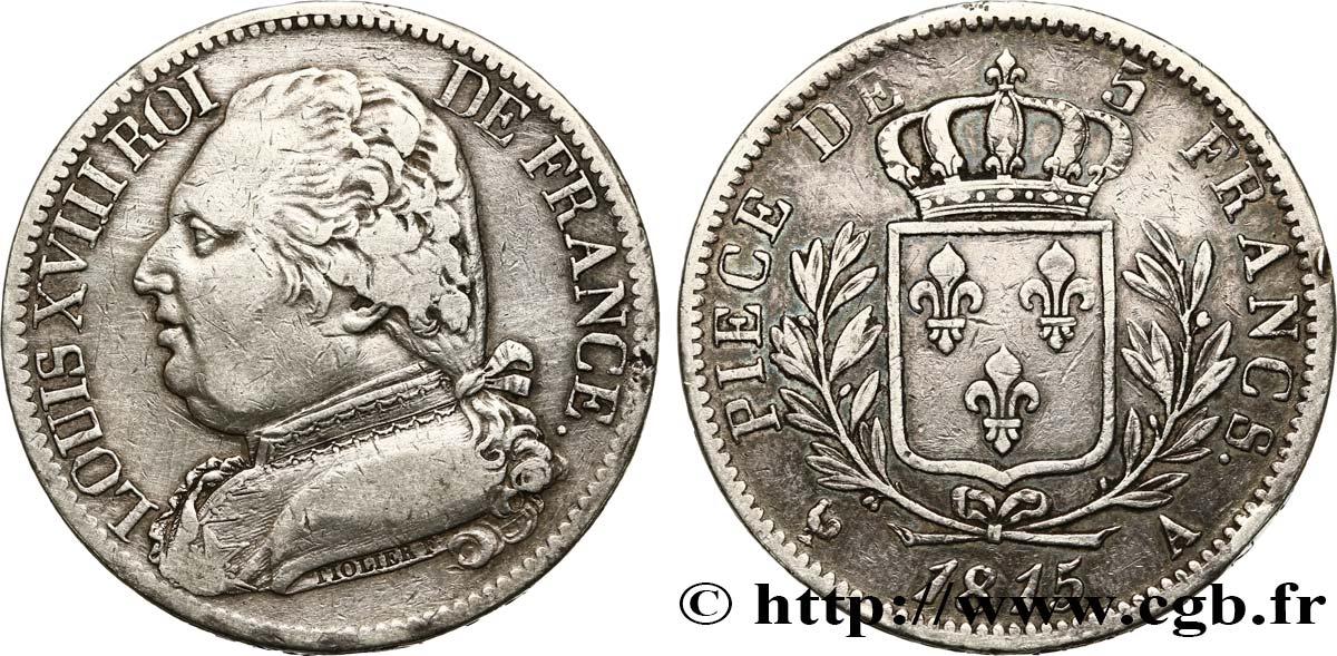 5 francs Louis XVIII, buste habillé 1815 Paris F.308/14 VF 