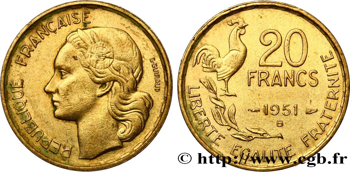 20 francs G. Guiraud 1951 Beaumont-Le-Roger F.402/8 MBC+ 