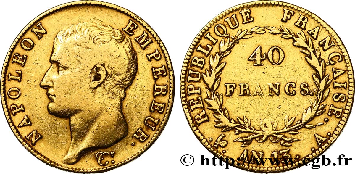 40 francs or Napoléon tête nue, Calendrier révolutionnaire 1805 Paris F.537/1 TB+ 