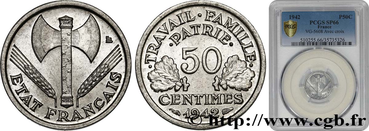 50 centimes Francisque, lourde, premiers exemplaires avec les CROIX 1942 Paris F.195/2 MS66 PCGS