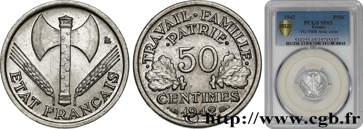 50 centimes Francisque, lourde, premiers exemplaires avec les CROIX 1942 Paris F.195/2 FDC65 PCGS