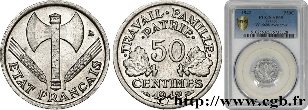 50 centimes Francisque, lourde, premiers exemplaires avec les CROIX 1942 Paris F.195/2 MS65 PCGS