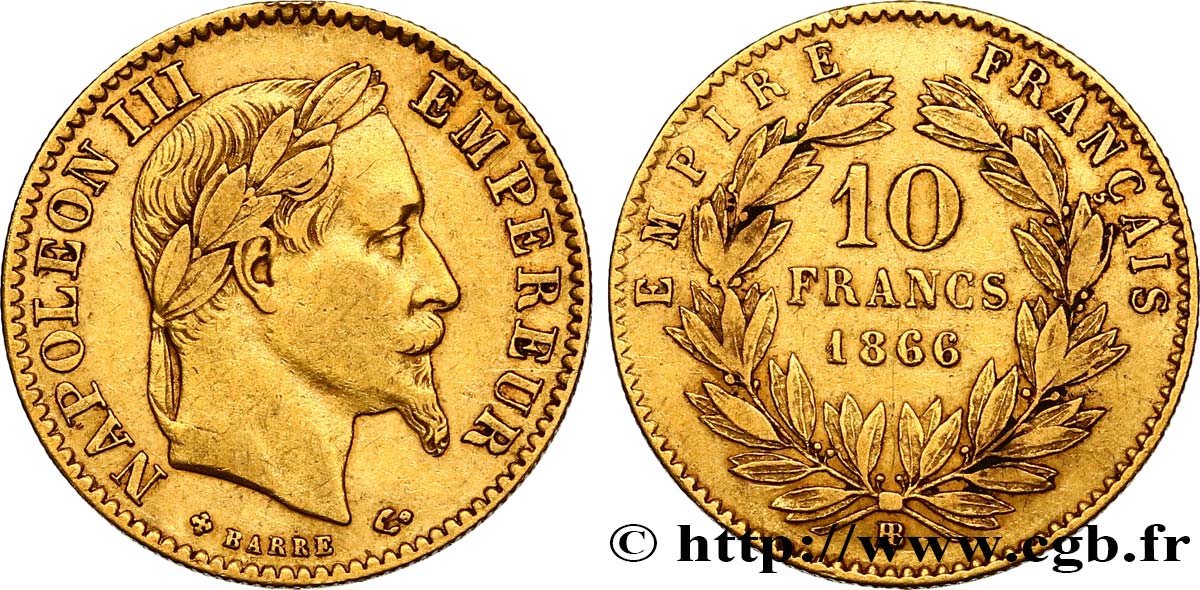 10 francs or Napoléon III, tête laurée 1866 Strasbourg F.507A/13 VF35 