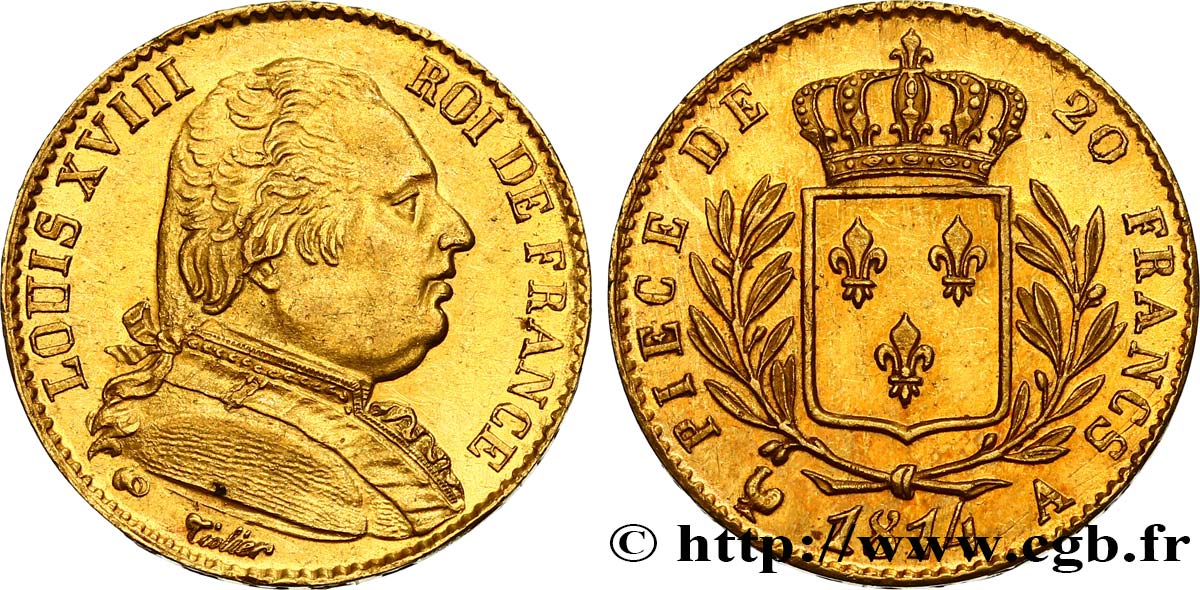 20 francs or Louis XVIII, buste habillé 1814 Paris F.517/1 SPL55 