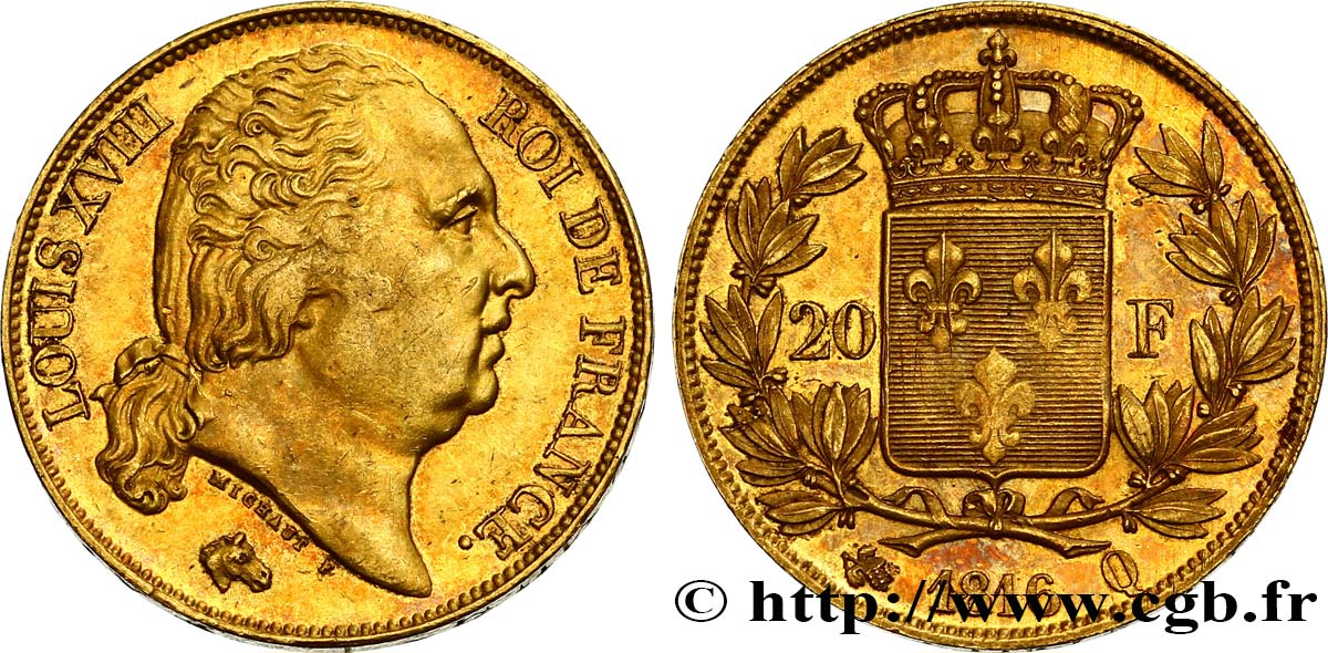 20 francs or Louis XVIII, tête nue 1816 Perpignan F.519/3 AU52 
