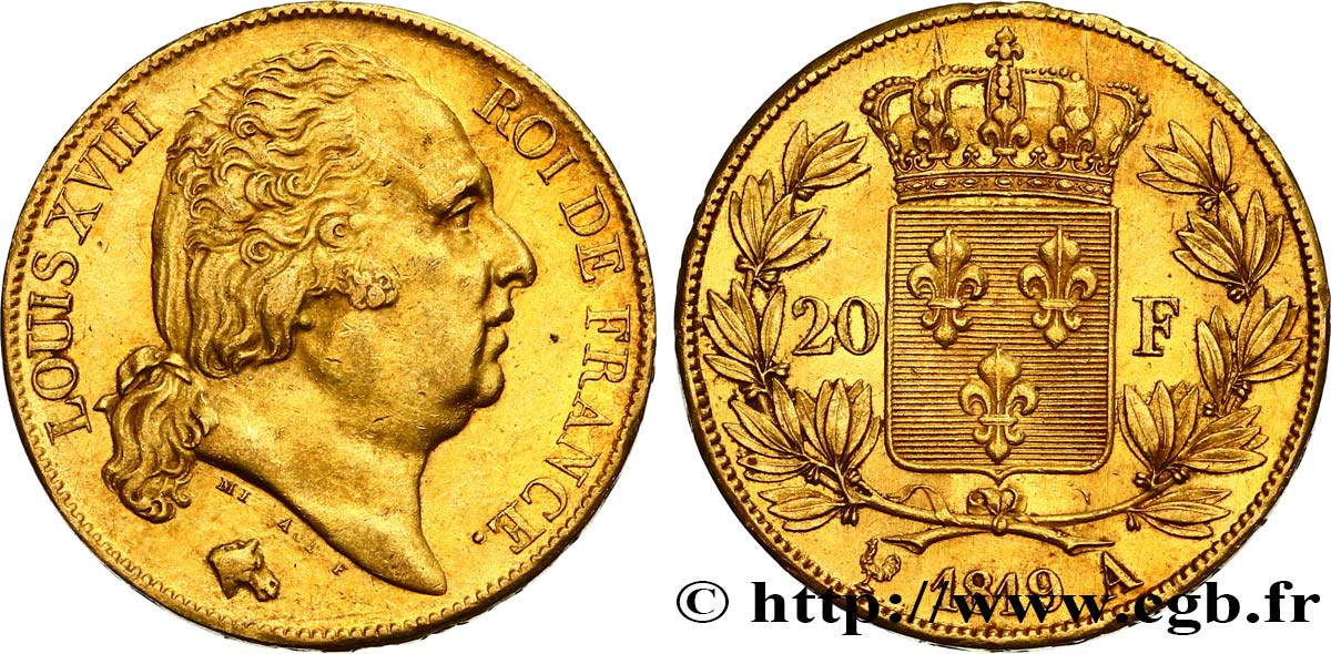 20 francs or Louis XVIII, tête nue 1819 Paris F.519/15 SS50 