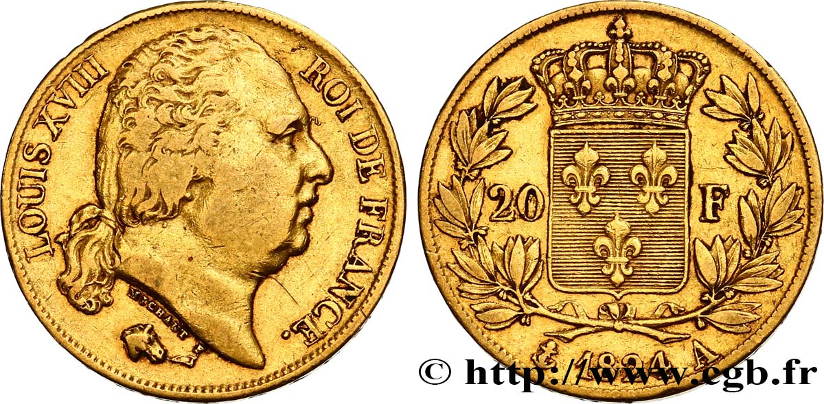 20 francs or Louis XVIII, tête nue 1824 Paris F.519/31 XF40 