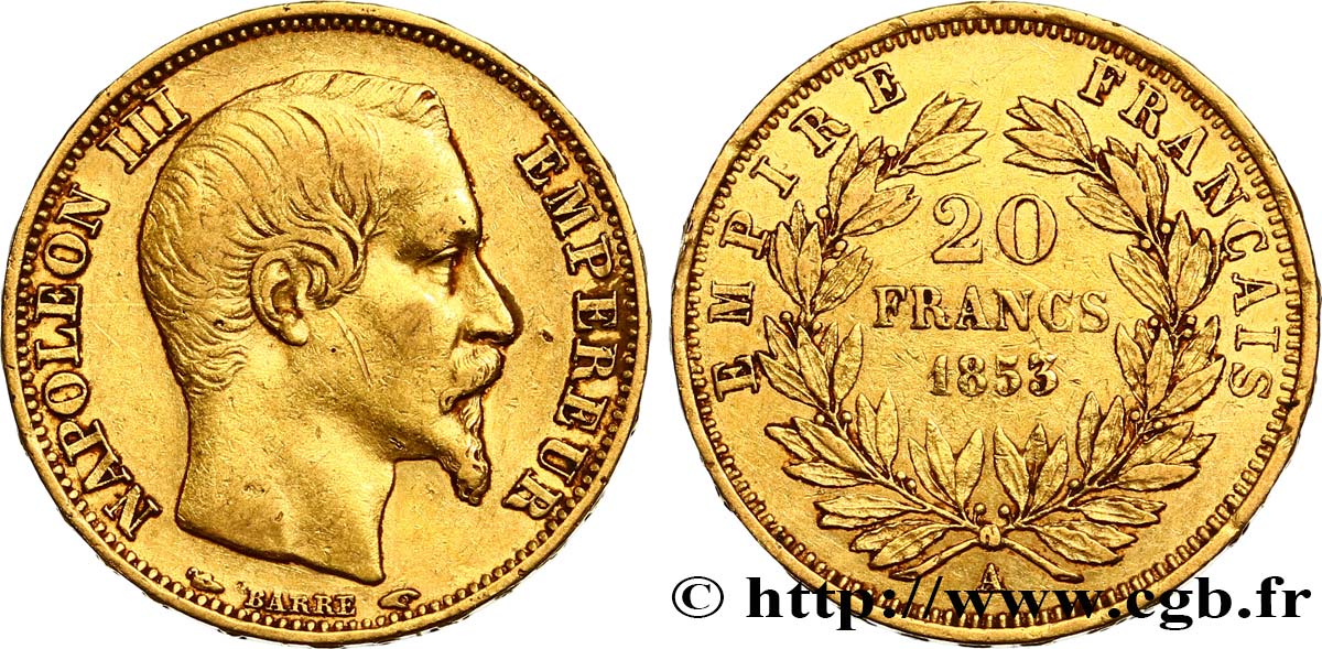 20 francs or Napoléon III, tête nue 1853 Paris F.531/1 XF42 