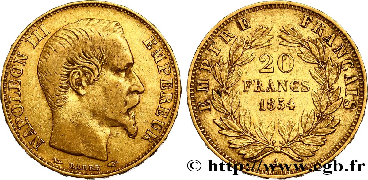 20 francs or Napoléon III, tête nue 1854 Paris F.531/2 XF40 
