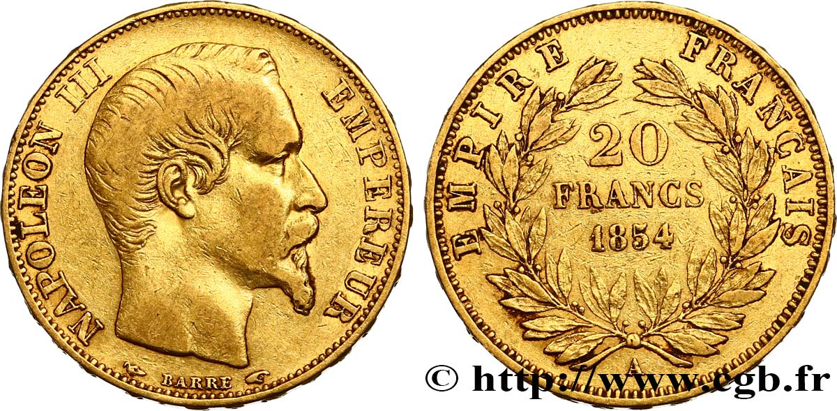 20 francs or Napoléon III, tête nue 1854 Paris F.531/2 XF42 