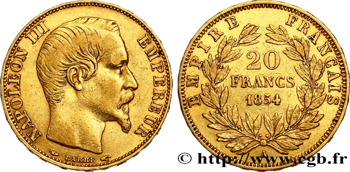 20 francs or Napoléon III, tête nue 1854 Paris F.531/2 MBC45 