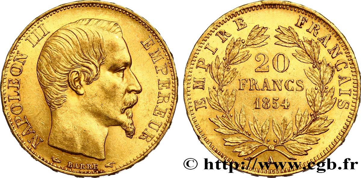 20 francs or Napoléon III, tête nue 1854 Paris F.531/2 BB52 