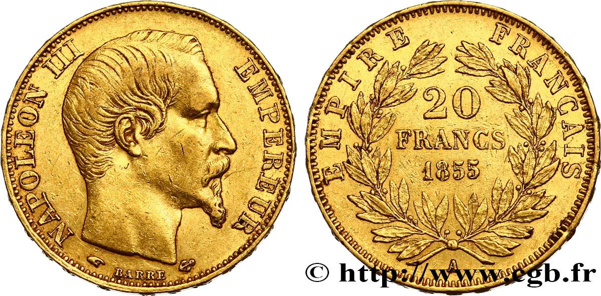 20 francs or Napoléon III, tête nue 1855 Paris F.531/4 MBC48 