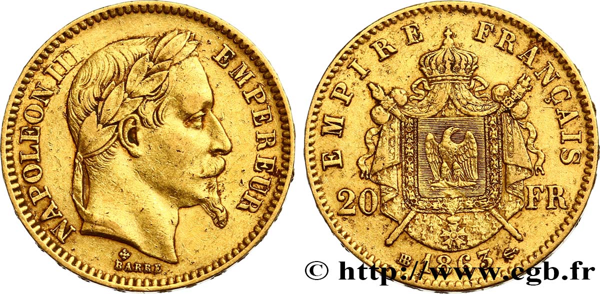 20 francs or Napoléon III, tête laurée 1863 Strasbourg F.532/7 MBC45 