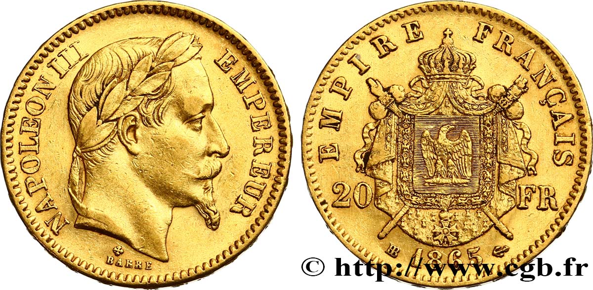 20 francs or Napoléon III, tête laurée 1865 Strasbourg F.532/12 XF48 