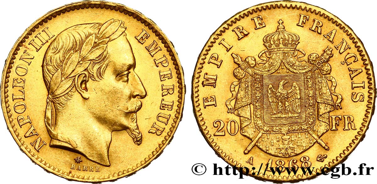 20 francs or Napoléon III, tête laurée 1868 Paris F.532/18 MBC54 