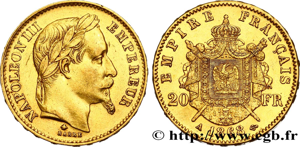 20 francs or Napoléon III, tête laurée 1868 Paris F.532/18 SS50 