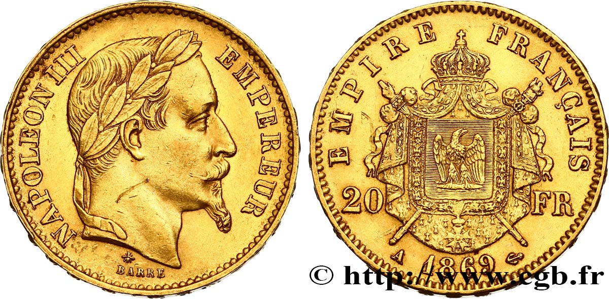 20 francs or Napoléon III, tête laurée 1869 Paris F.532/20 fVZ 