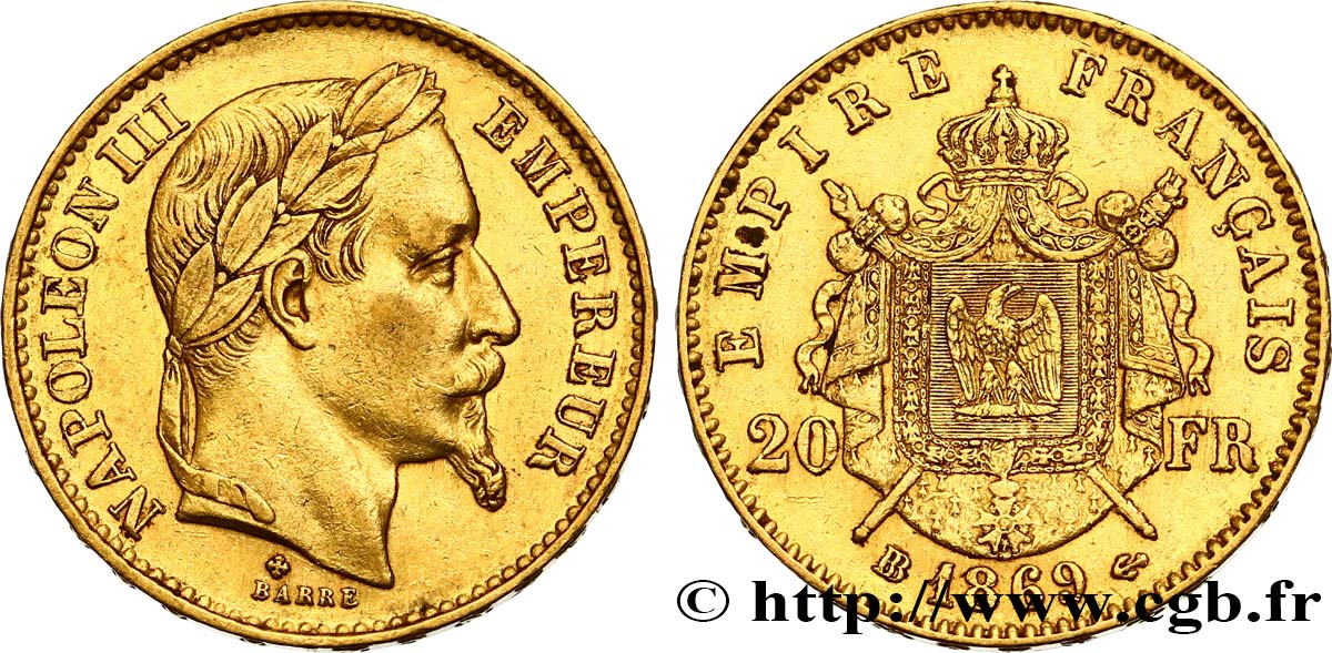 20 francs or Napoléon III, tête laurée, grand BB 1869 Strasbourg F.532/22 XF45 