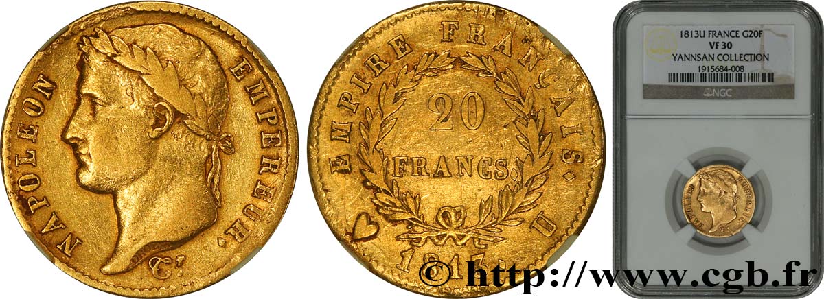 20 francs or Napoléon tête laurée, Empire français 1813 Turin F.516/36 VF30 NGC